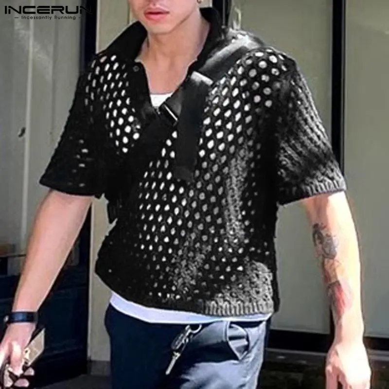 

INCERUN Men Shirt Mesh Transparent Hollow Out Lapel Short Sleeve Sexy Men Clothing Streetwear Summer 2024 Fashion Camisas S-5XL