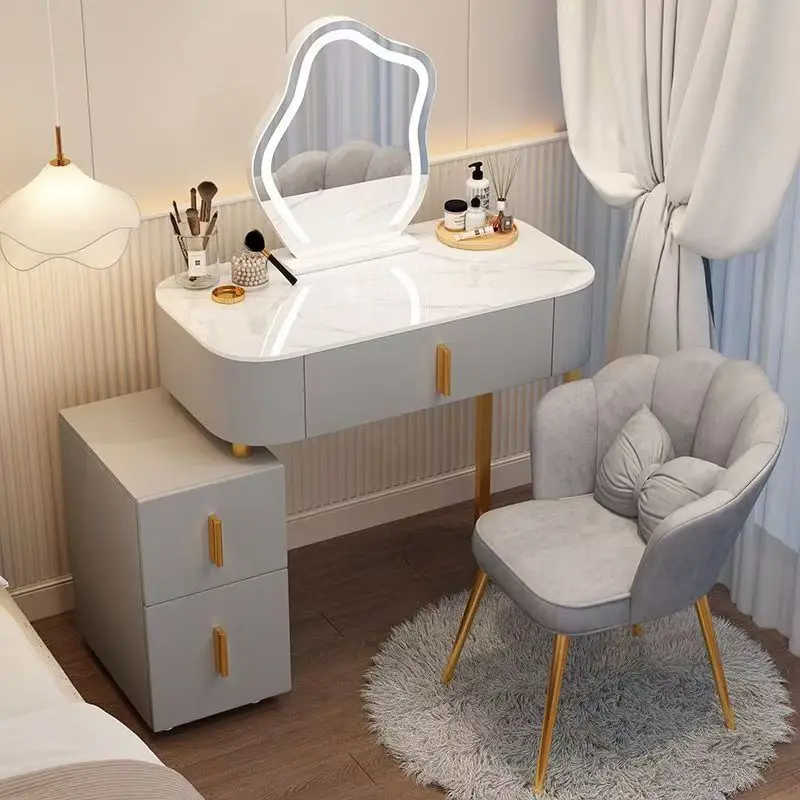 Small Modern Minimalist Luxury Stainless Steel Vanity Table Lighted Mirror Adjustable Features Bedroom Dressing Makeup Table