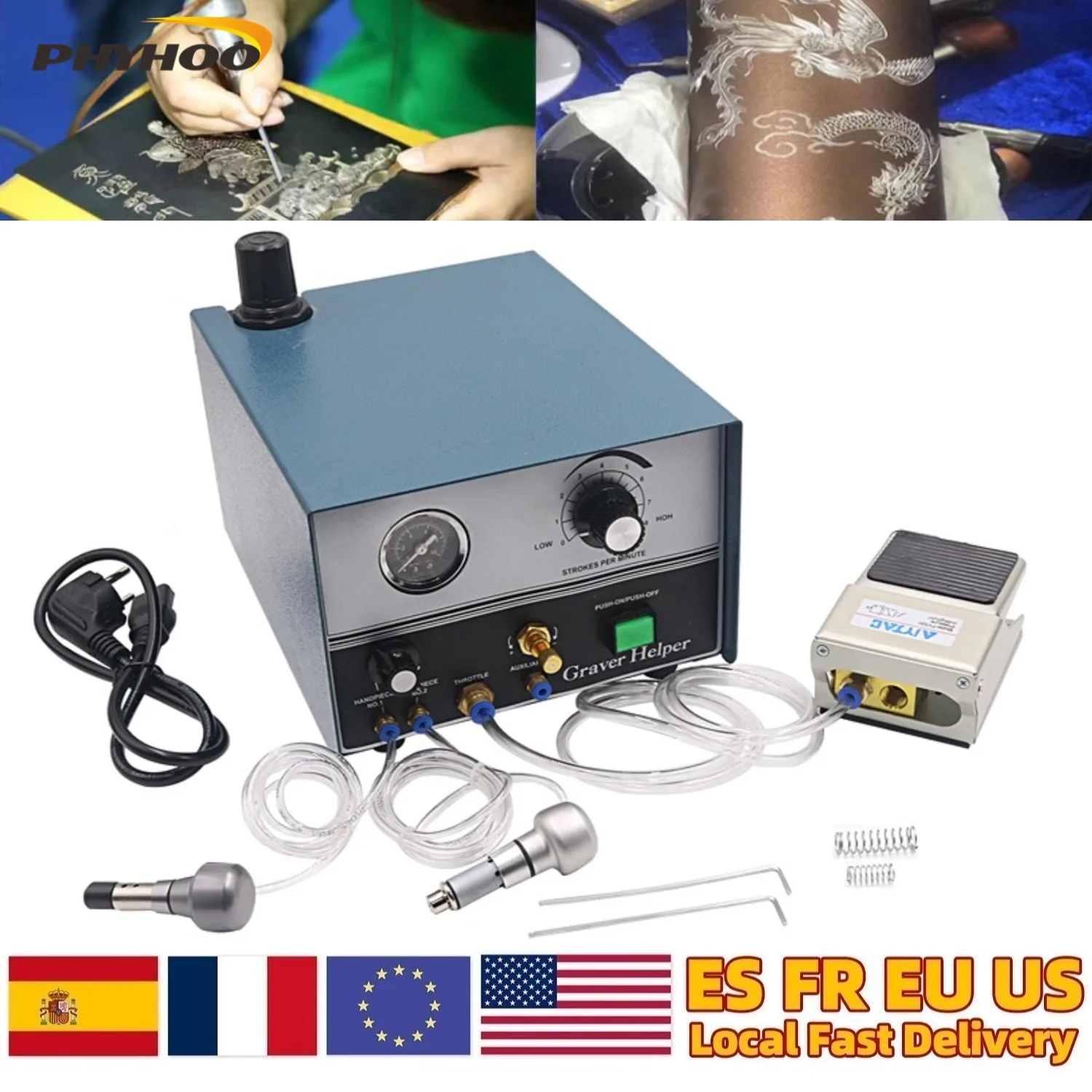 

110 В/220 В двухсторонний пневматический гравировальный станок 100 ~ 4000 об/мин, помощник по гравированию с двумя наконечниками, ювелирные изделия, воздушные гравировальные инструменты