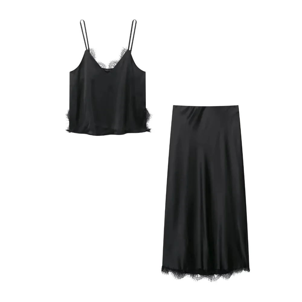

KONDALA Элегантный женский комплект с кружевной юбкой и открытой спиной, топ на бретельках, длинная прямая юбка, новинка 2025, лето-осень, мода для отдыха, вечеринки, пляжа, Se