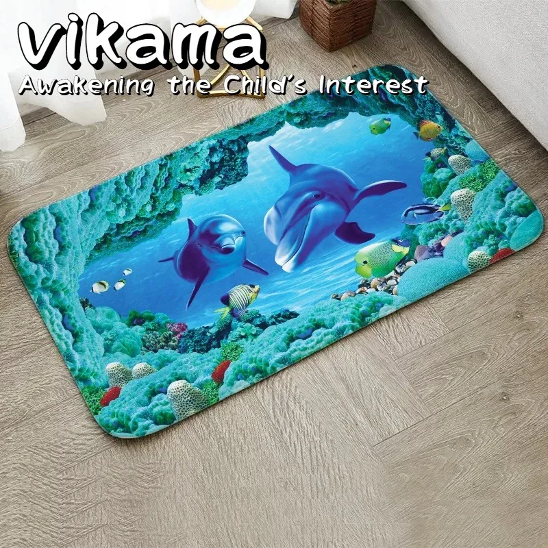 VIKAMA Summer Ocean Rug Double Dolphin Tropical Fish Pattern Flannel Rug for Interactive Playroom Home Decor Cooling