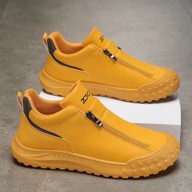 

Men's Side Zipper Leather Solid Color Flat Flat Large-sized New Brand Mid-top Anti-slip Comfortable Casual Sports Shoes