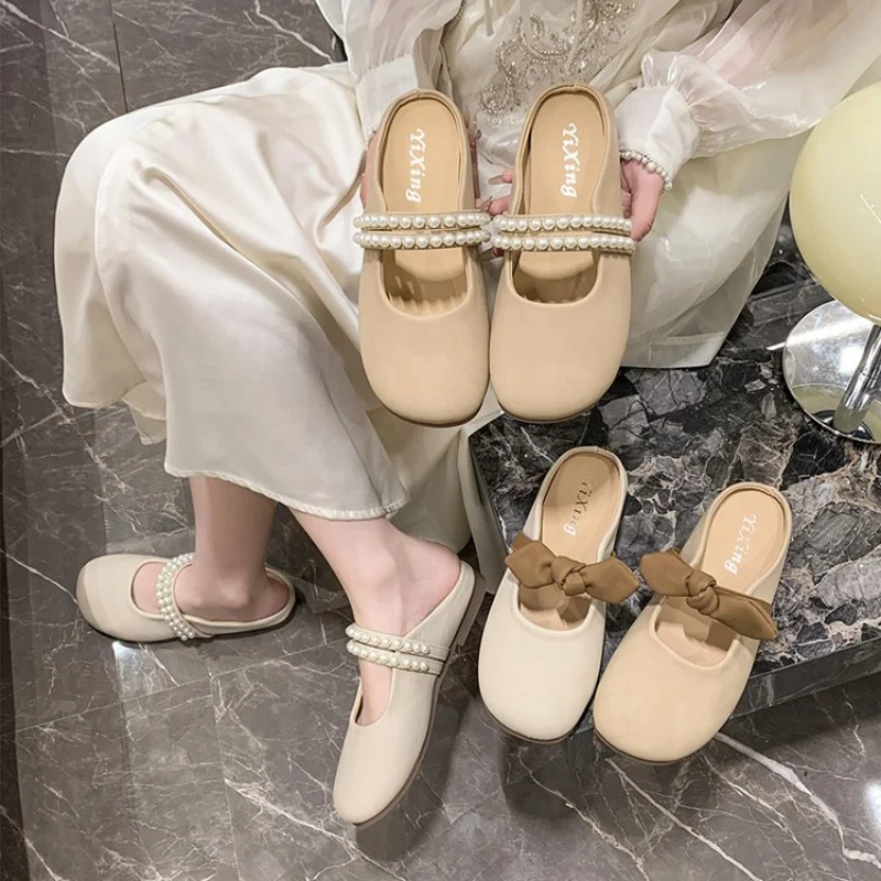 Fashion Bowknot Pearl Flat Bottom Baotou Half Slippers Women New 2024 Summer Shallow Mouth Mary Jane Single Shoes Casual Slides