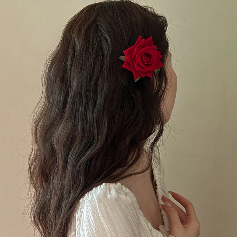 Retro Red Pink Rose Flower Classy Elegant Fashionable Hairpin Side Clip Hair Accessories