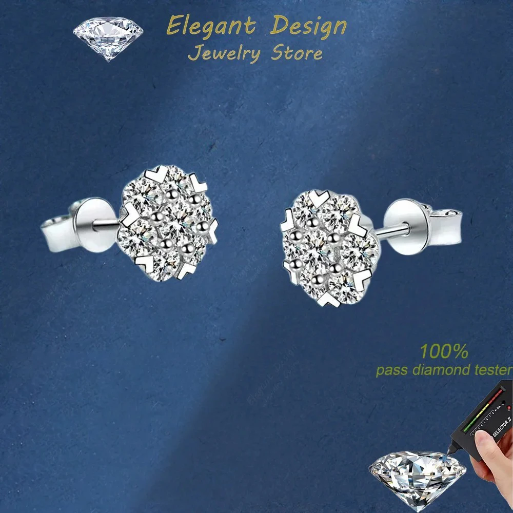 

Elegant Design Heart Shaped Plum Blossom Full Moissanite Earrings, Sparkling Flower Platinum PT950 Stud Earrings for Women