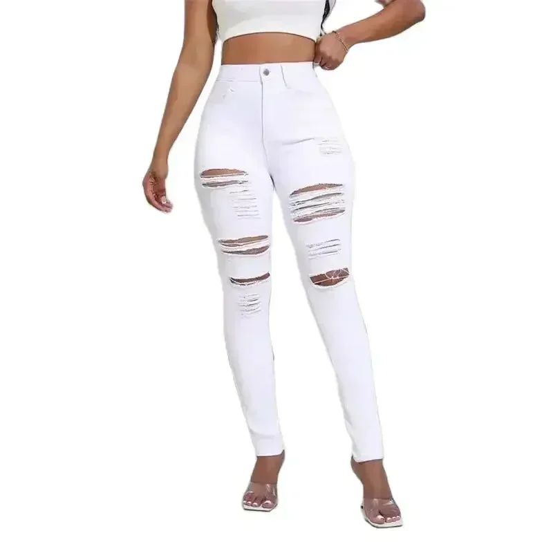 2024 Fashion Broken Holes Women Pencil Jeans Trend Streetwear Slim Fit Denim Pants Casual Solid Color High Waist Female Trousers