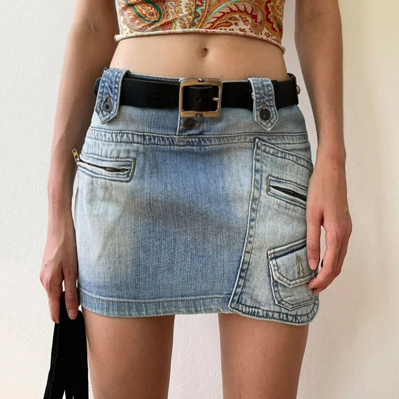 

SKMY Vintage Denim Mini Skirts Women Summer Sexy Solid Color Blue Jean Skirt Female Casual Pocket Zippers Slim Y2k Clothing