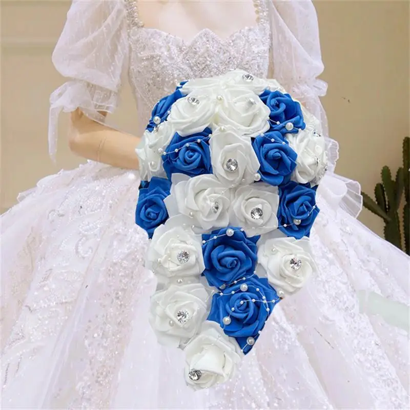 Hot Selling Big Long Waterfall New Wedding Bouquets for Bride and Bridesmaid PE Rose Rhinestones Hand Flower Party Wedding Decor