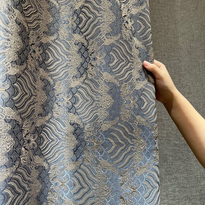 European Classical High-End Blue Pattern Curtains Golden Plated Printing Shading High Precision Curtains for Living Room Bedroom