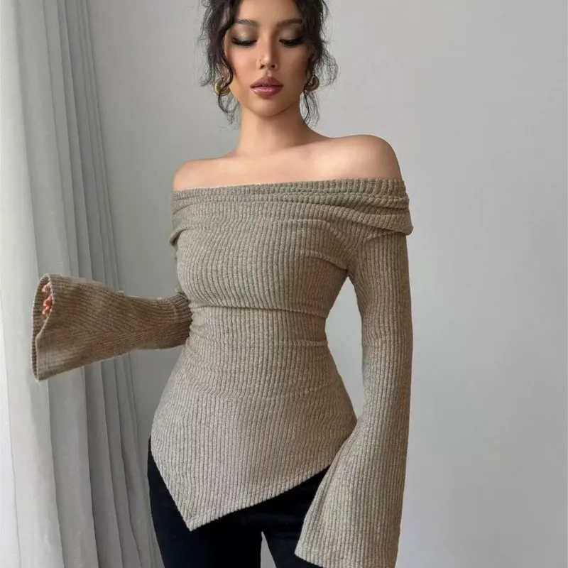 

Irregular Pit Stripe Base Shirt Off Shoulder Slim Knit Long Sleeved Top Autumn Winter Women's Trumpet Sleeve Pullover Shirt