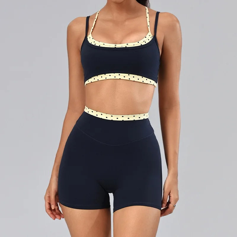 2Pcs Fitness Set Women Polka Dot Cross Back Sports Bra High Waisted Push Up Shorts Gym Quick Dry Workout Yoga Suit Sportswear