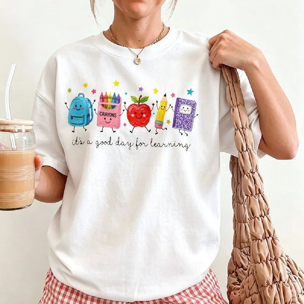 It's A Good Day for Learning Graphic T-shirt Cute School Bag Crayon Apple Pencil Book Cartoon Tees Teacher Back To School Casual