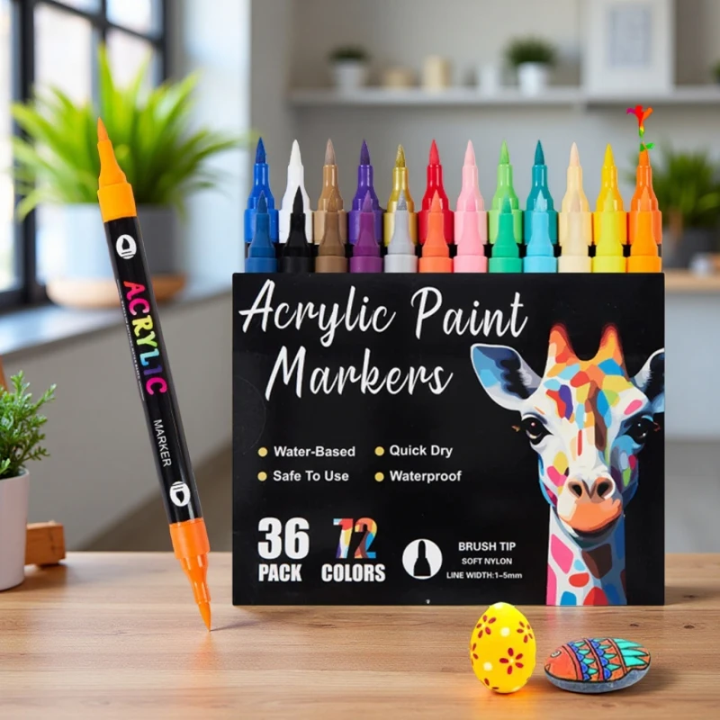 

24/48/72 Acrylic Paint Markers: Dual Tip, Fast Drying Portable for Art Painting, Dot Art Coloring - Professional Artist Supplies