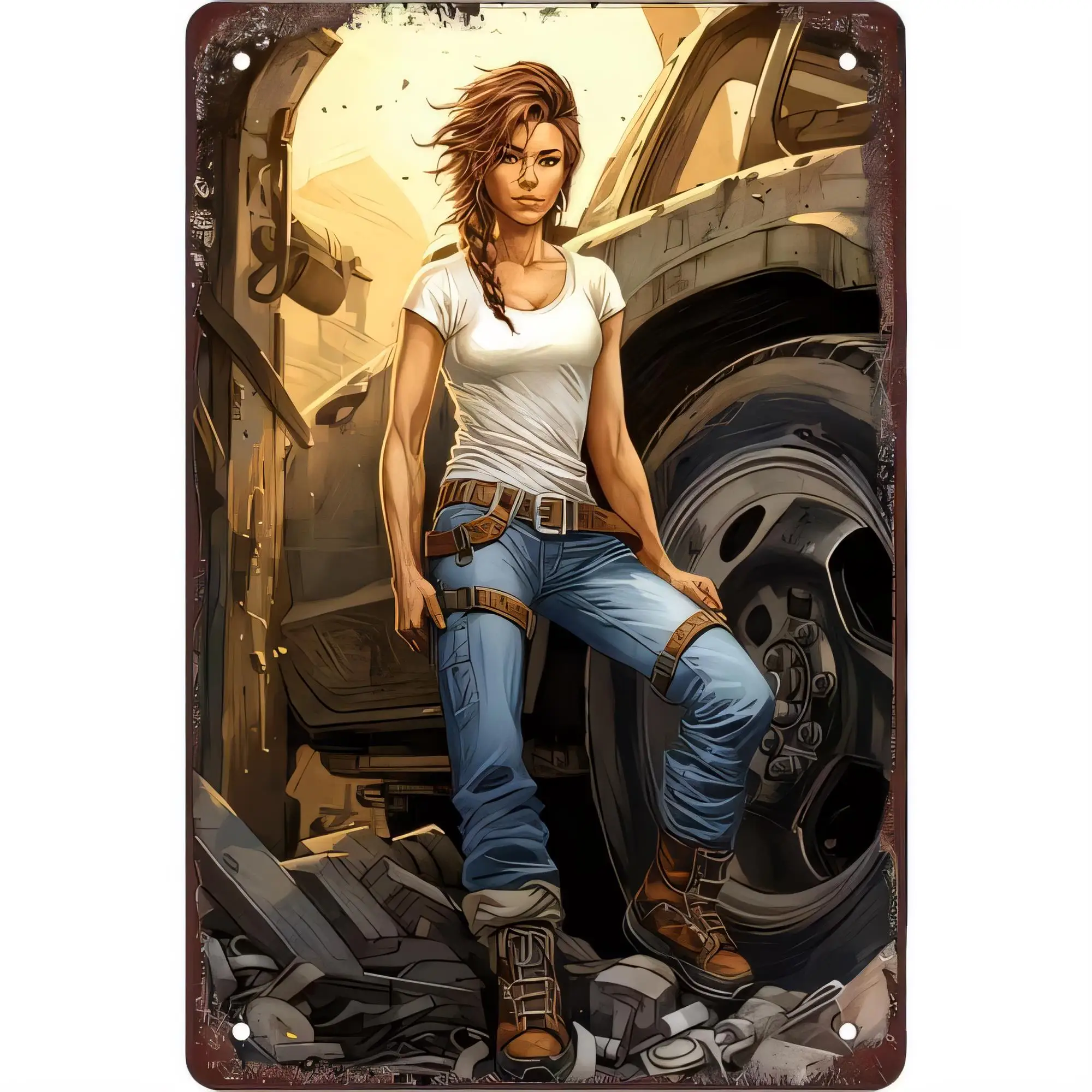 Tin Sign Metal Poster Vintage Mechanic Girl In Garage, Retro Style Wall Decor for Man Cave, Garage Bar Pub Office, Rusty Engine