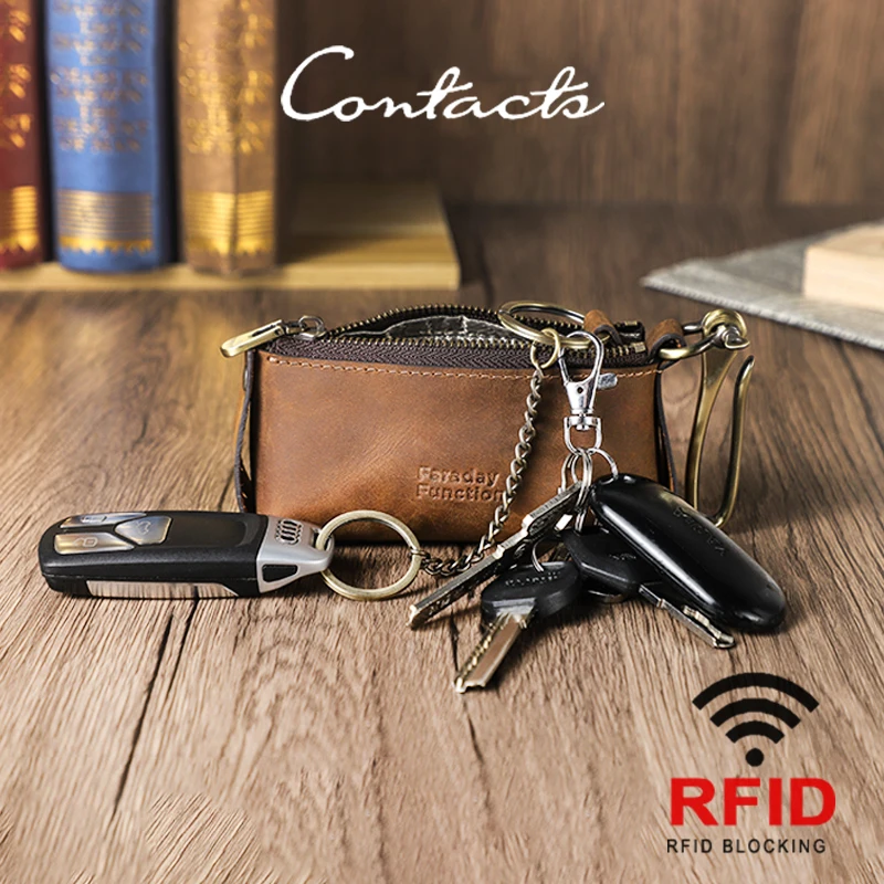 

Кожаный чехол для автомобильных ключей CONTACTS, мужской, винтажный, маленький, с RFID-защитой, органайзер для ключей, дорожный, спортивный, безопасный, с замком, сумка для ключей