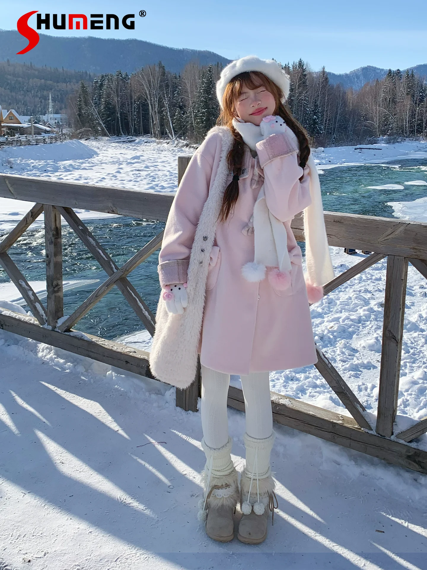 

Japanese Style Elegant Sweet Girl Plaid Patchwork Bow Wool Coats Horn Button Single-breasted Quilted Long Jackets Women Winter