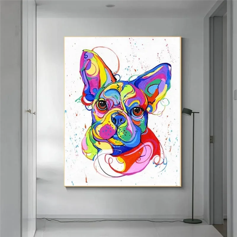 Wall Art Canvas Painting Colorful Animals Picture Oil Print French Bulldog Living Room Home Decor No Frame