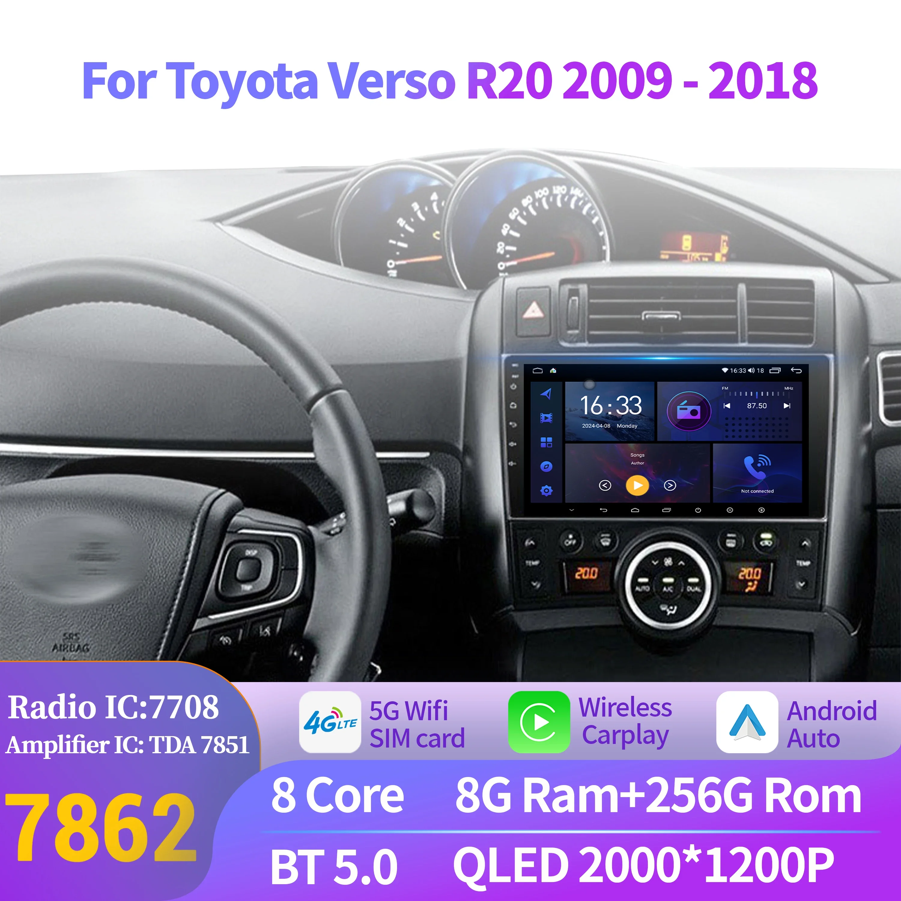 

Автомобильное радио Android 14, для Toyota Verso R20 2009-2018, мультимедийная навигация, 4G, беспроводной Bluetooth Carplay, головное устройство, 2K QLED-экран