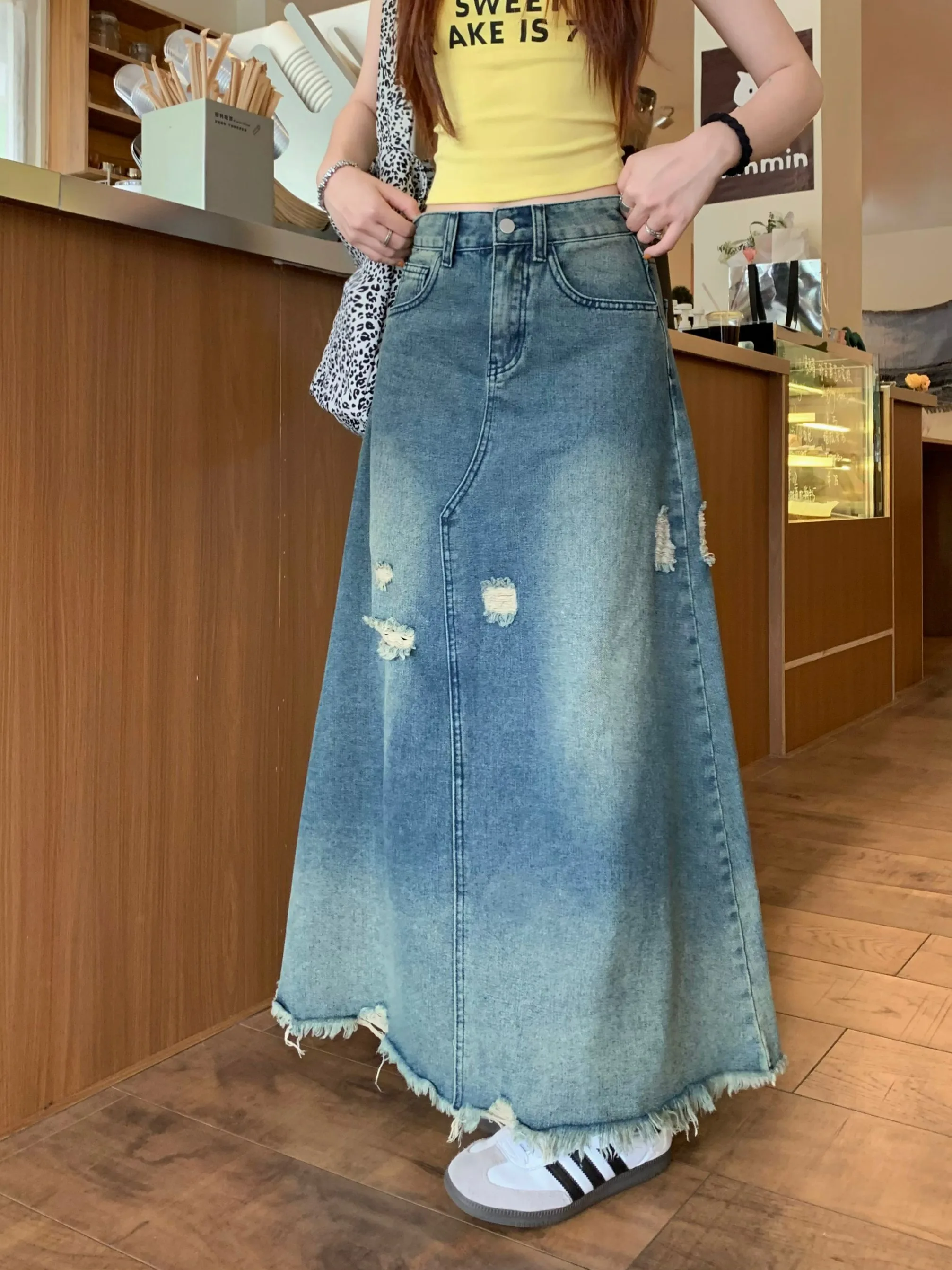 

Coigarsam Women Skirt Summer 2024 Office Lady Korea Style Vintage Solid Hole High Waist Color Skirts