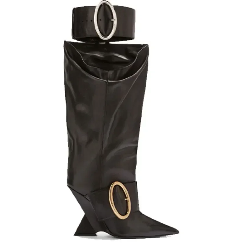 

2025European and American New Women's Belt Buckle Knee Length Women's Boots Fashion Pointed Shaped High Heel Large Size Boots