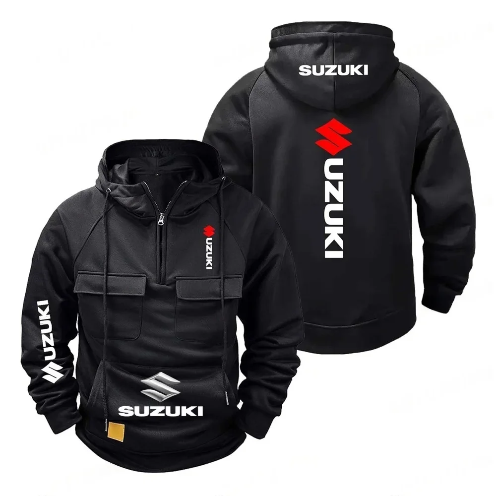 Suzuki retro hooded loose fitting men's and women's jacket, plush multi pocket hoodie, outdoor casual fashionable shirt