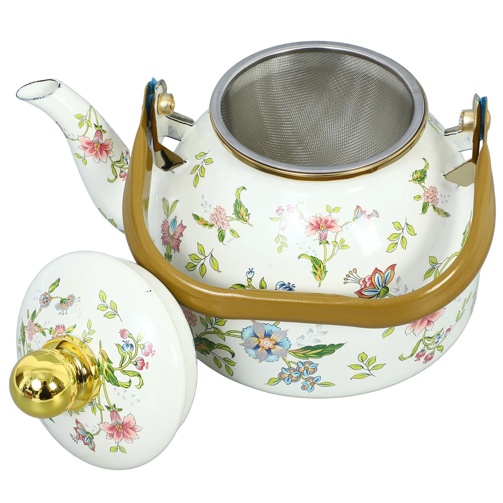 

Enamel Tea Kettle 1L Vintage Japanese Design Stovetop Teapot Large Flower Pattern Portable Handheld Water Kettle for Home Party