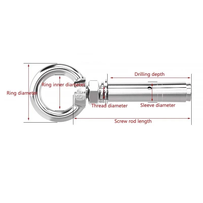 304 Stainless Steel Round Lifting Ring Expansion Screw Installation Artifact Hook Long Universal Ring Expansion Screws M6 ~ M16
