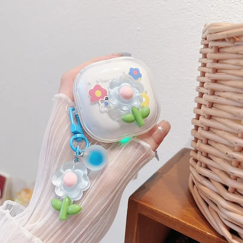 Étui en silicone transparent pour écouteurs Samsung Galaxy Buds Live, Buds2 Pro, porte-clés fleur mignon