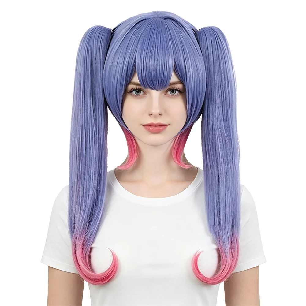 

Periwinkle Blue Pink Ombre Short Double Ponytails Wig 50cm Straight Wig Heat Resistant Cosplay Wig For Anime Halloween Party