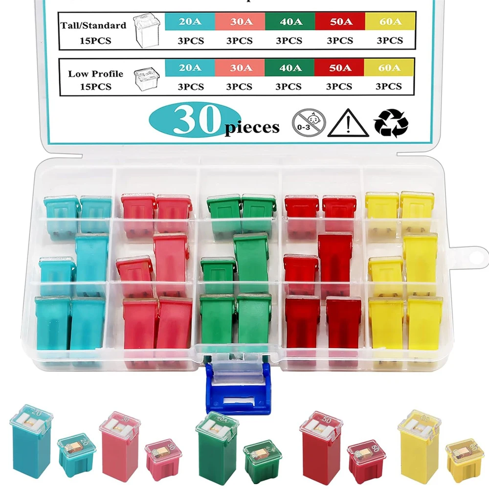 30PCS JCase Tall/Standard and Low Profile Box Shaped Fuses Assortment Kit for Chevrolet, Ford, Nissan Pickup SUV and Other Fuses