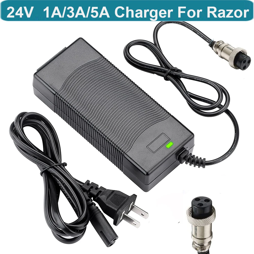 

24V 3A 5A Scooter Battery Charger 3 Prong Power For Razor E200S E300S E150 E500 PR200 E325S MX400 Pocket Sports Mod Dirt Quad