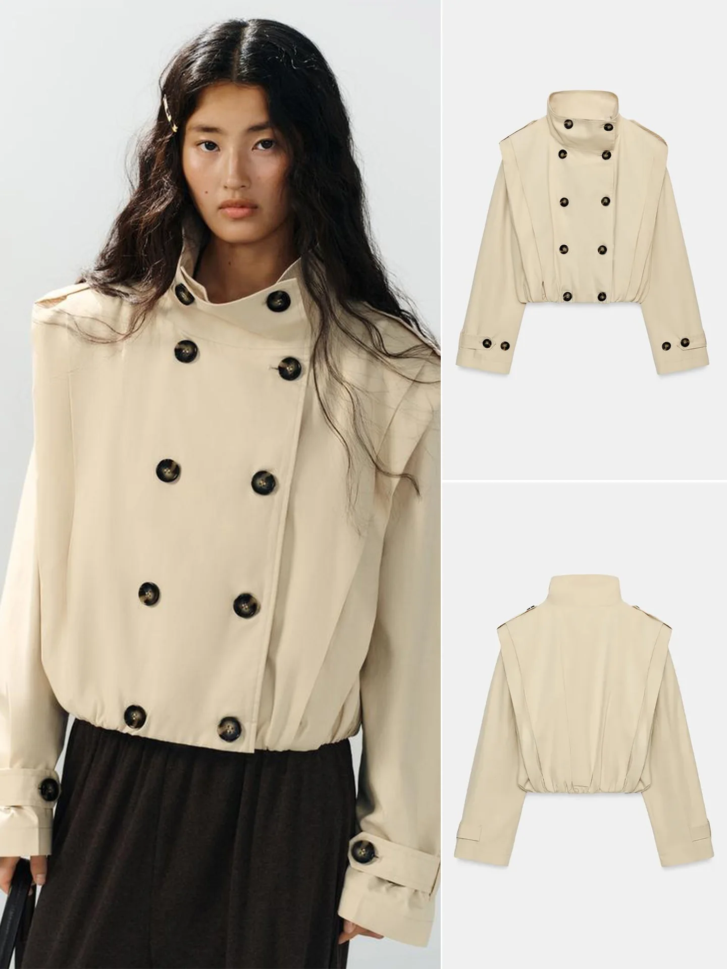 Autumn New Arrival Women's Long Sleeve Stand Collar Double Buttoned Short Decorative Coat Polyester Fiber 100% Short Length