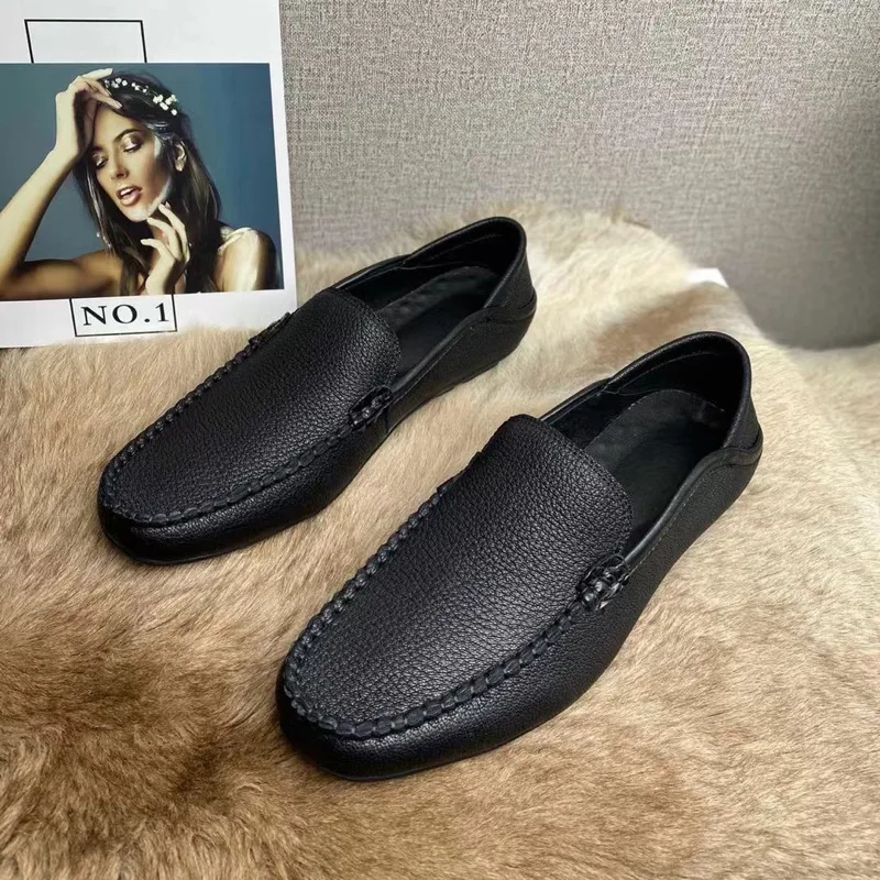 New Men Shoes Autumn Winter Deer Skin Bean Casual Versatile Genuine Men Step Black Durable Business Leather Suede  Leather Shoes