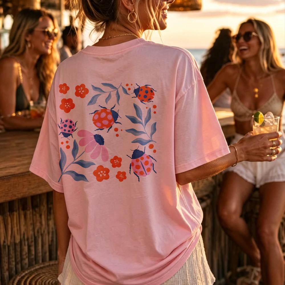 Short Sleeve Ladybugs Flowers Leaves Crew Neck Fit Casual Tee Summer Women Top Graphic T Shirts Women Clothing Aesthetic Y2k Top