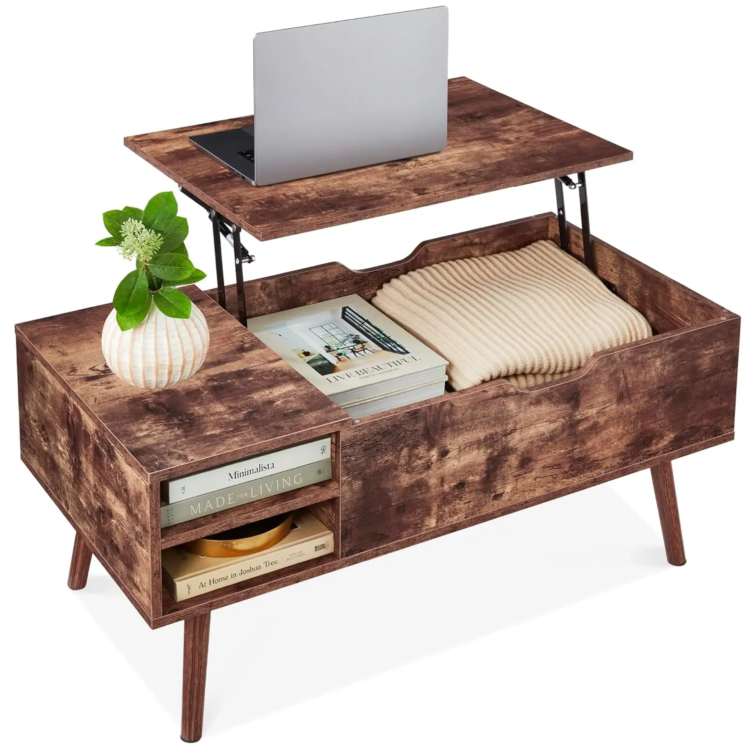 

Lift Top Hidden Storage Coffee Table Mid-Century Modern Wooden Living Room 2 Cubbies Removable Shelf Brown, Customized