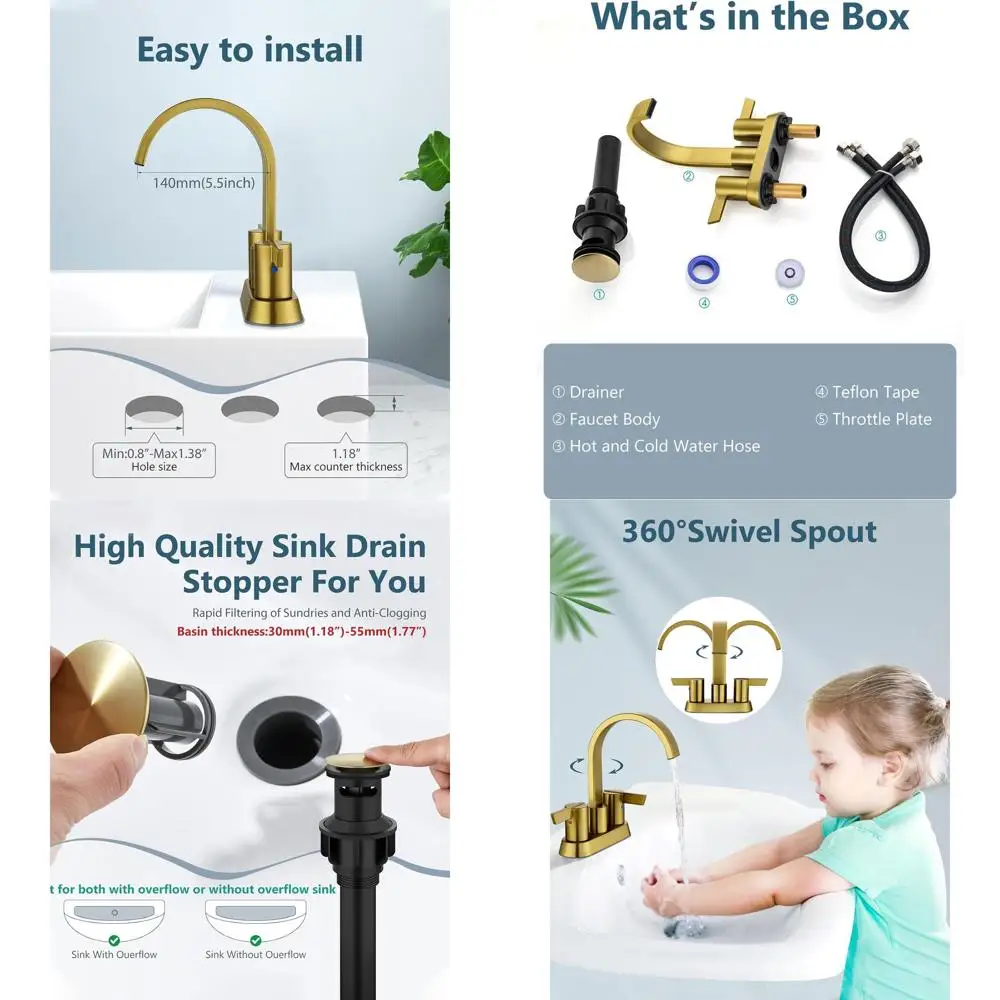 

3-Hole 4 Centerset Waterfall Faucet with 2 Handles, Brushed Gold Finish, Pop-Up Drain & Supply Lines for Bathroom Sink