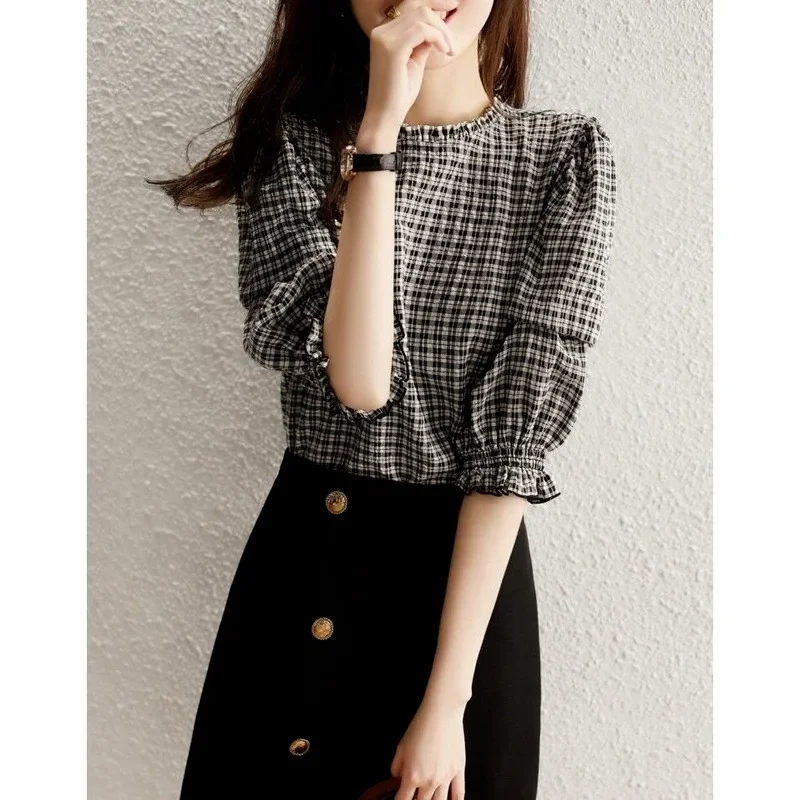 Black Clothes Plaid Womens Shirt & Blouse Tops For Women Pattern Korean Style Offer Comfortable Summer 2024 Novelties M S Tall