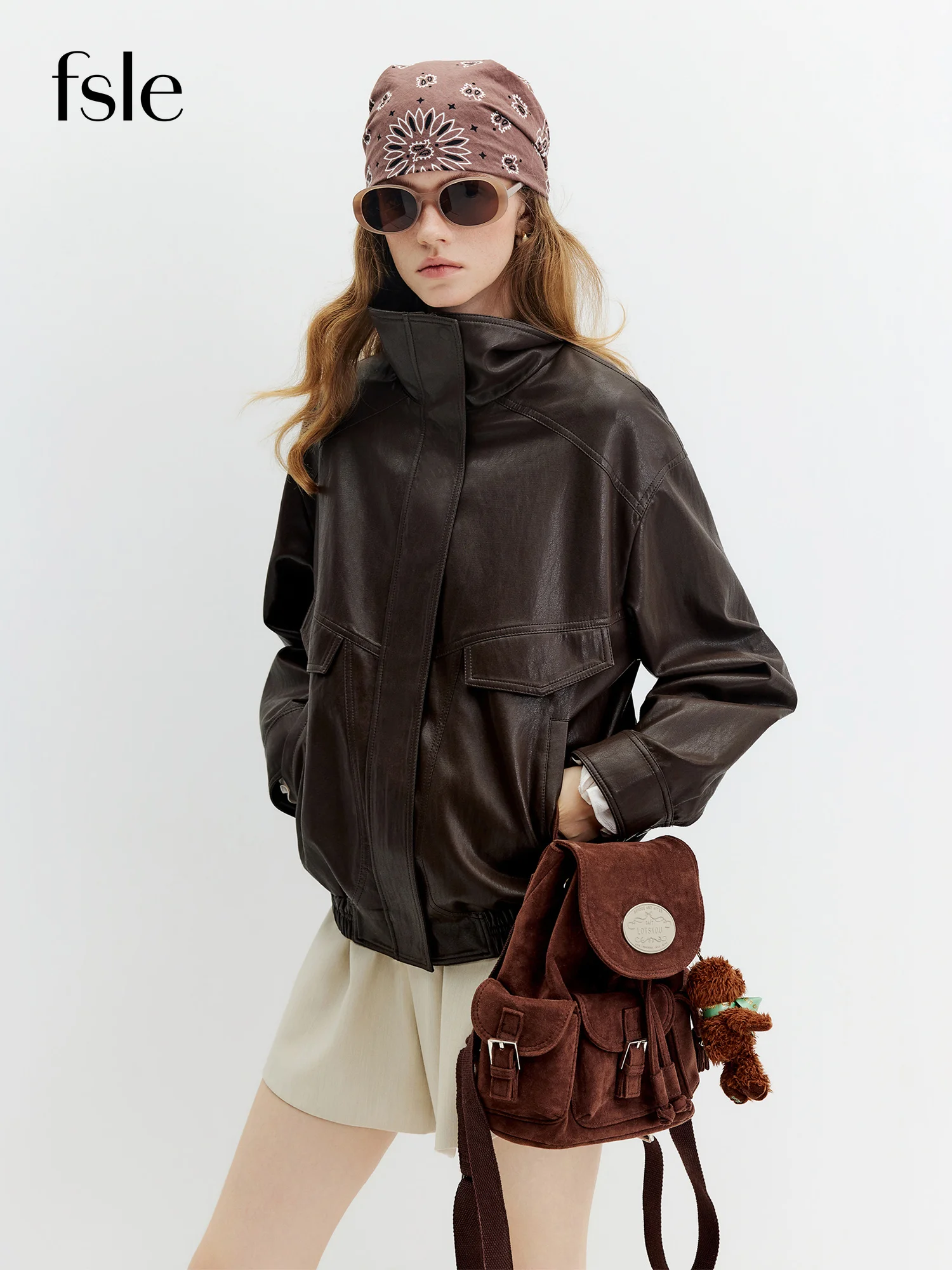 FSLE 2026 Fall Women's Vintage Stand Collar PU Leather Biker Jacket - Chic Cropped Design for Daily and Evening Outings