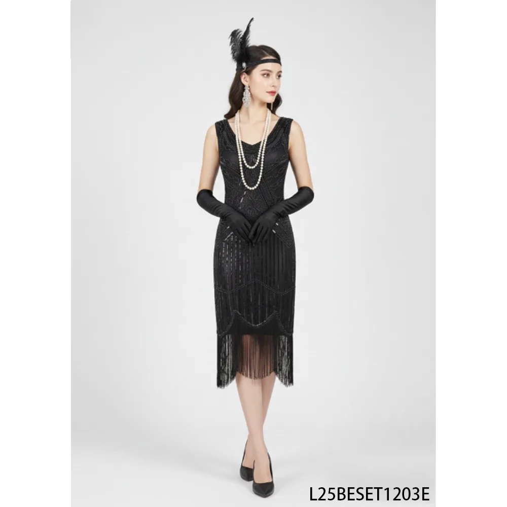 

PESENAR 1920s Style Party Outfit Black Beaded Fringed Dress, Feather Hairpiece Pearl Necklace, ideal for cosplay and party