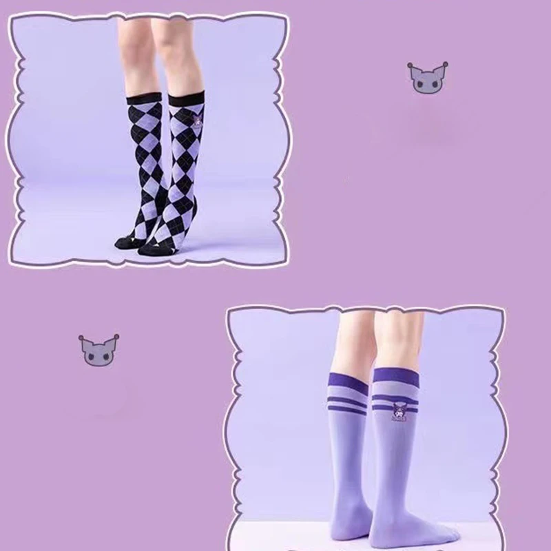 Kawaii Sanrio Kuromi Mymelody Calf Socks Cartoon Lovable In Tube Socks Jk Diamond Grid Style Girl Birthday Gift For Girlfriend