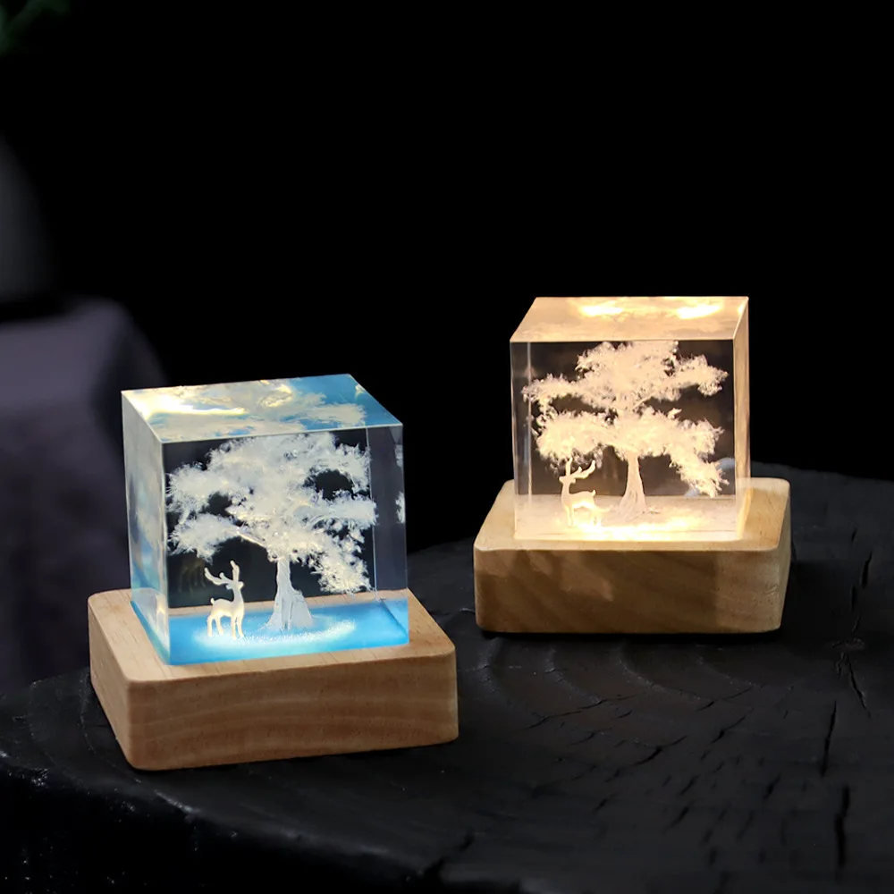 Cubo Organismo Resina Mesa Luz, Arte criativa Decoração Lâmpada, Floresta Mágica, Tema Veado Branco, Luz Noturna, USB Charge, 5cm