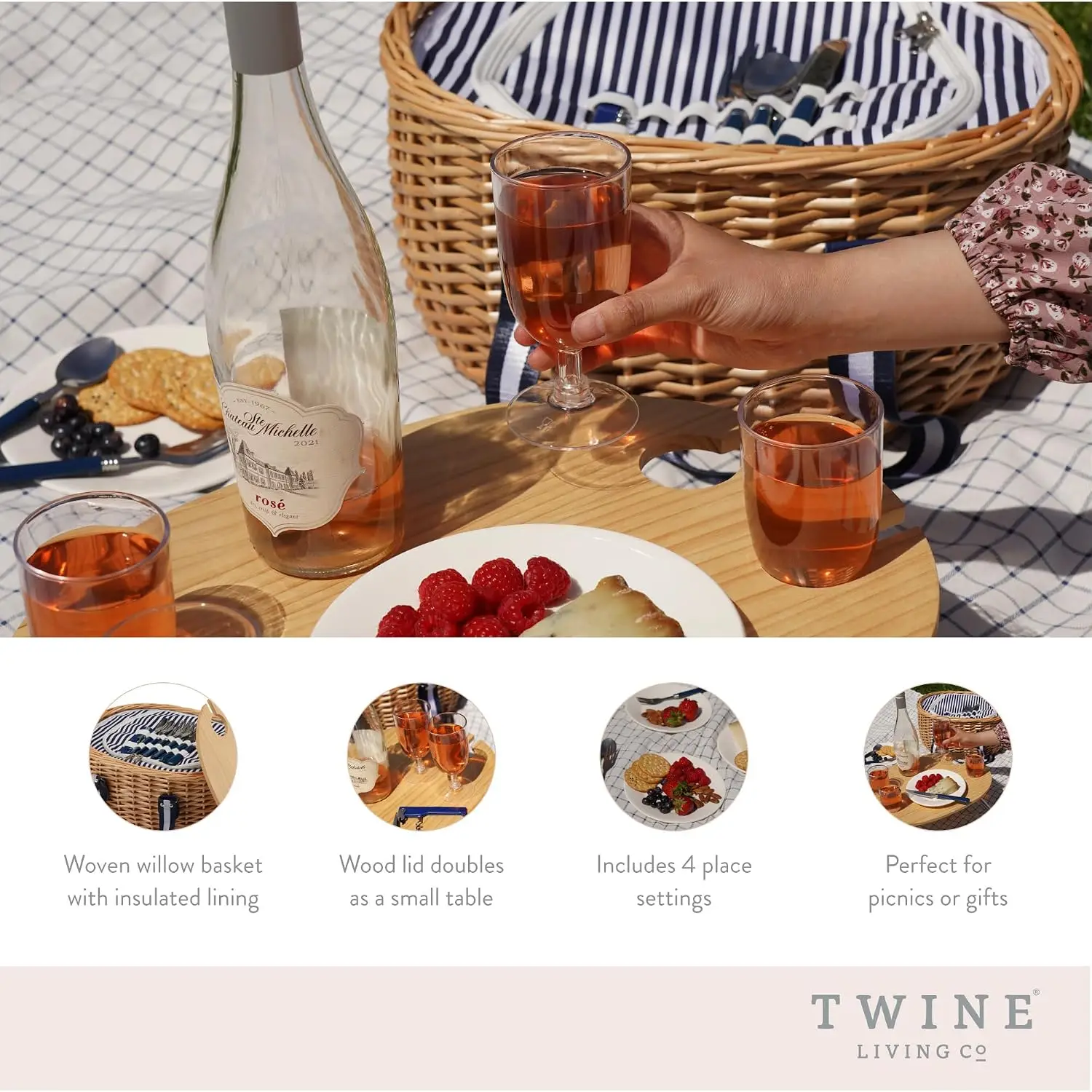 Outdoor Wicker Picnic Basket with Lid and Handle, Four-Person Picnic Basket with Accessories, 22-Piece Picnic Equipment Set