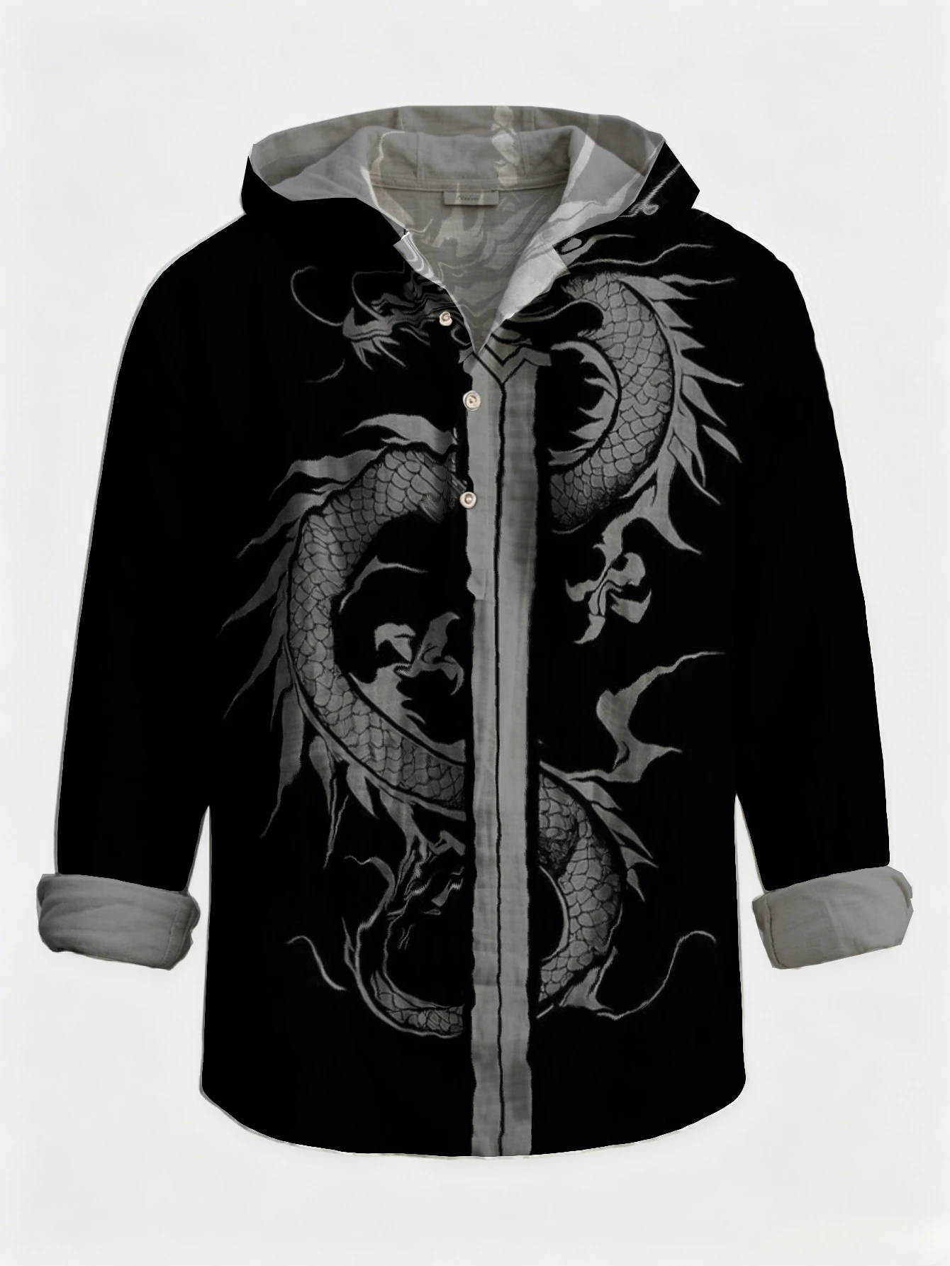 Men Vintage Oriental Dragon Graphic Hooded Henley Shirt Long Sleeve Half Button Placket Loose Fit Casual Daily Beach Vacation To