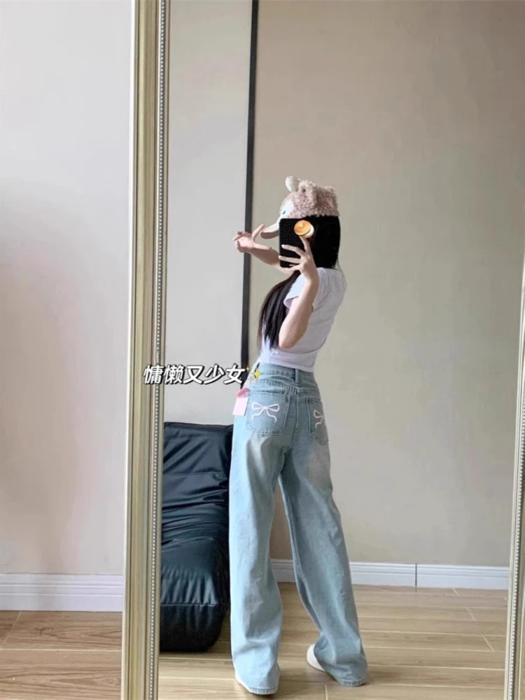 

Korean style design bow embroidered jeans for women spring vintage high waisted straight leg pants floor length autumn