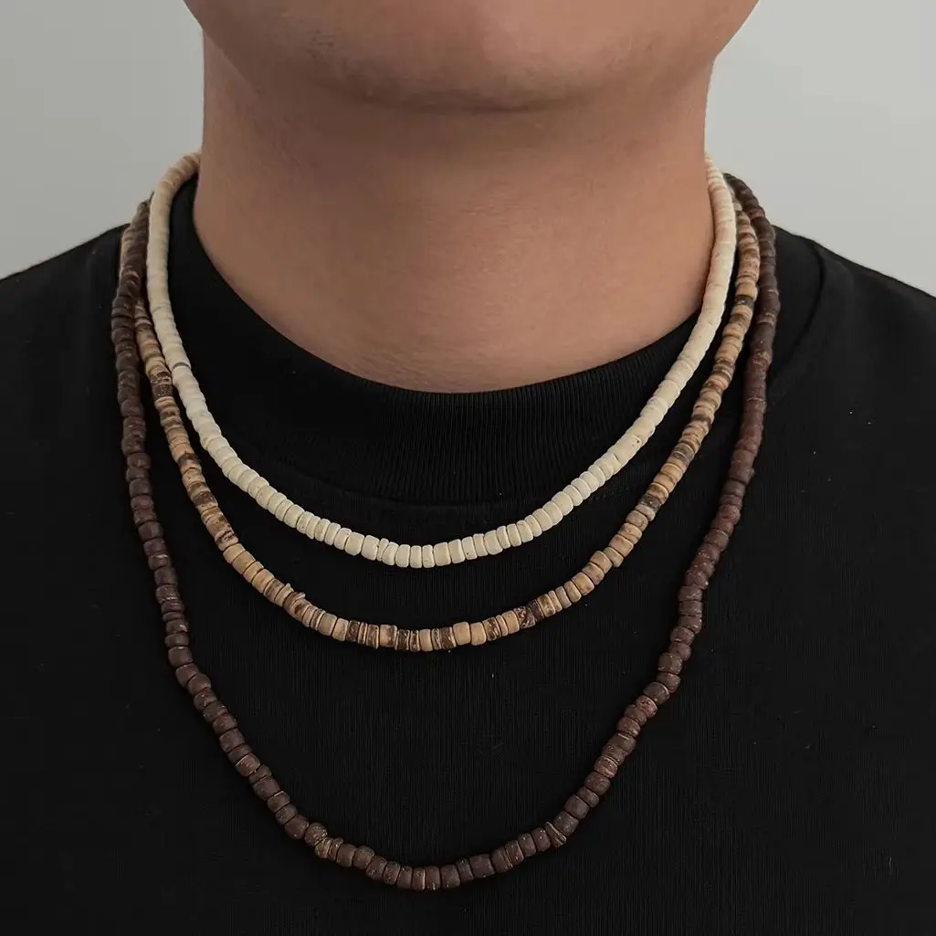 Ingemark 3Pcs/Set Trendy Unique Irregular Coconut Husk Beads Chokers Necklace for Men Vintage Adjustable Chain Daily Jewelry New