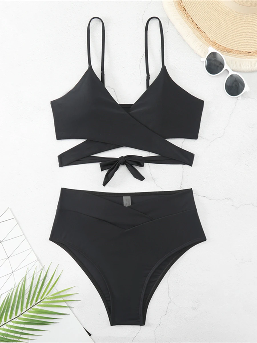 2024 V Neck Cross String Two Piece High Waist Bikini Swimsuit Women Swimwear Female Bather Bathing Swimming Swim Suit Beachwear