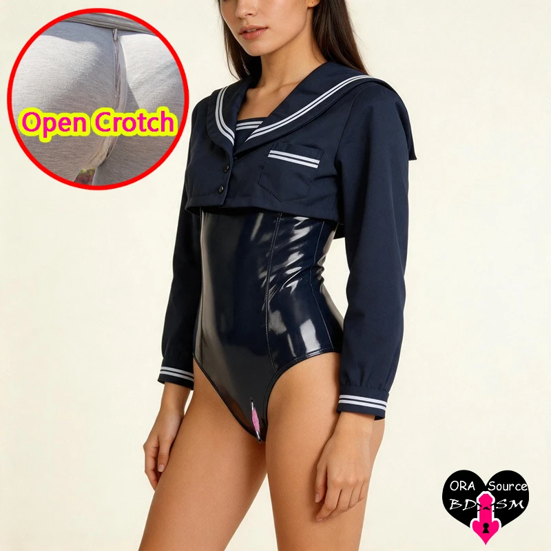 Women's Sexy Japanese Style Open Crotch Bodysuits Shinny Blue Crotchless Hidden Zipper Lingeries Cute Skinny PU Clothing