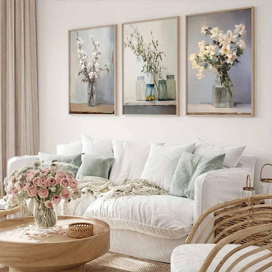 

3pcs/Set Simple Plant Flower Vase Wall Art, Country Style, Modern Living Room, Bedroom, Kitchen Home Decoration Canvas Paintings