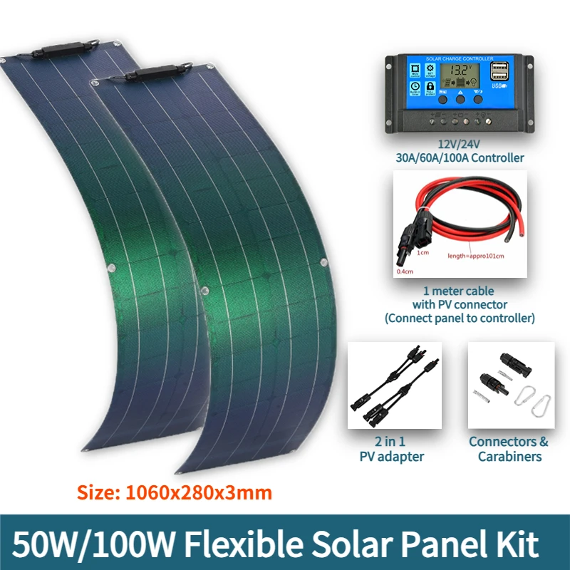 ETFE 100W 50W Solar Panel Kit Flexible Monocrystalline PV Module High Efficiency Charge 18V Battery for Home RV Boat