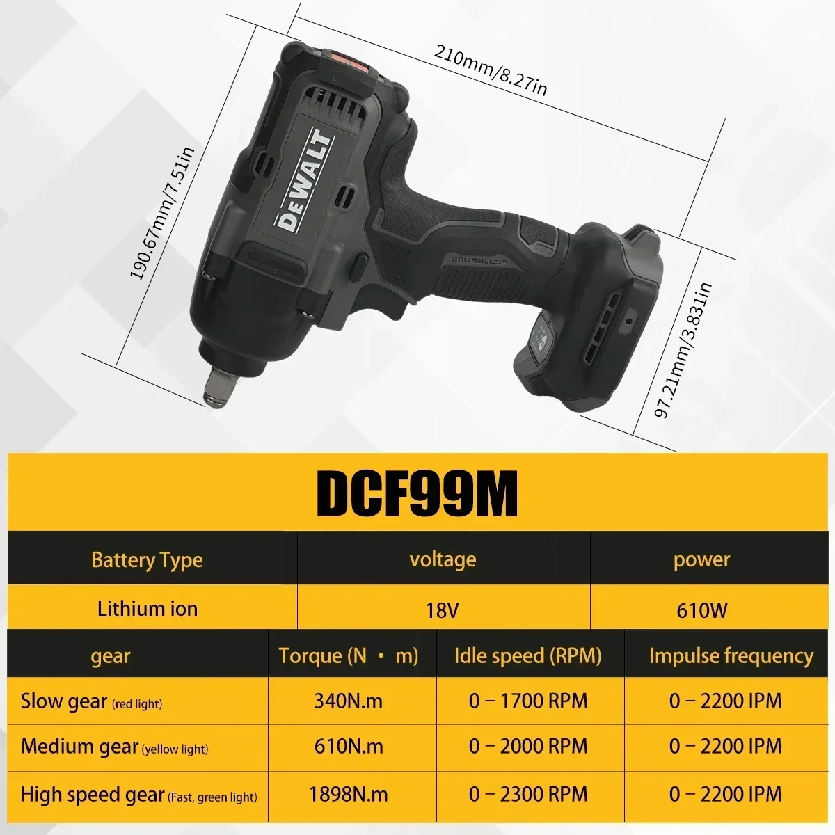 For DEWALT DCF99M 20V Brushless Impact Wrench  Square Drive 0-2200IPM 3Speed Modes Heavy Industry Bolt DisassemblyPower tools
